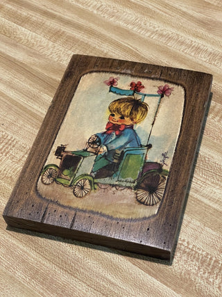 5"x7" Vtg Wall Plaque, Boy in Car, Girofla--SP MTS