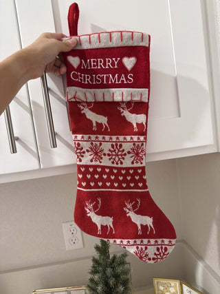 Kurt Adler Reindeer Red & White Merry Christmas Holiday Stocking Satin Lining|137521