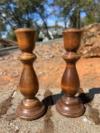JP pair of vintage turned wood candlestick holders 7.5”
