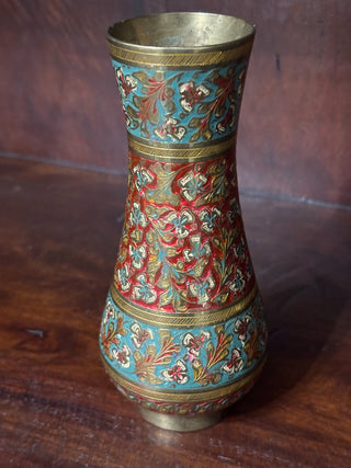 Brass floral red/turquoise enameled vase NM MTS|65900