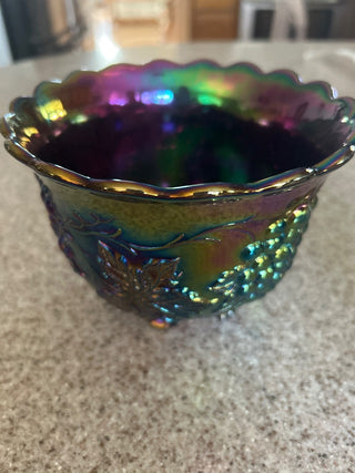 VTG Dugan amethyst  six footed carnival glass bowl
