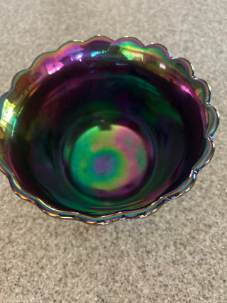 VTG Dugan amethyst  six footed carnival glass bowl