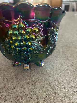 VTG Dugan amethyst  six footed carnival glass bowl