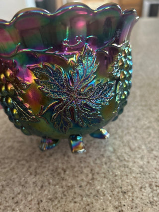 VTG Dugan amethyst  six footed carnival glass bowl
