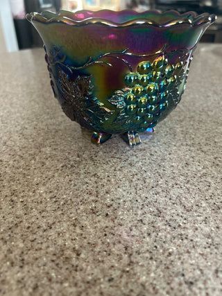 VTG Dugan amethyst  six footed carnival glass bowl