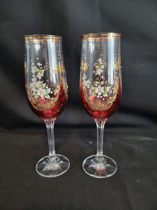 Vtg Bohemian Red & Clear w/Enamel & Gold Goblets Set of 2 RCD