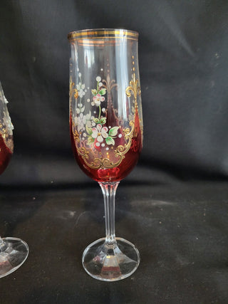 Vtg Bohemian Red & Clear w/Enamel & Gold Goblets Set of 2 RCD