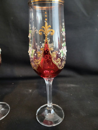 Vtg Bohemian Red & Clear w/Enamel & Gold Goblets Set of 2 RCD