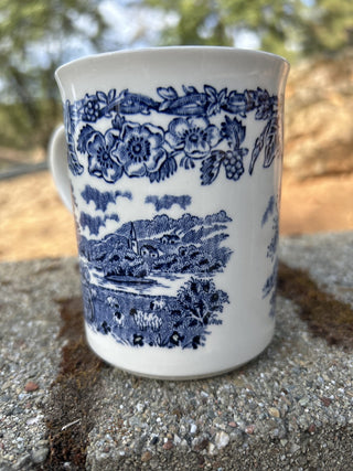 #2 Blue Transfer Ware Outdoor Scene Morning Glory Border EIT England Mug GCC RSV|114021