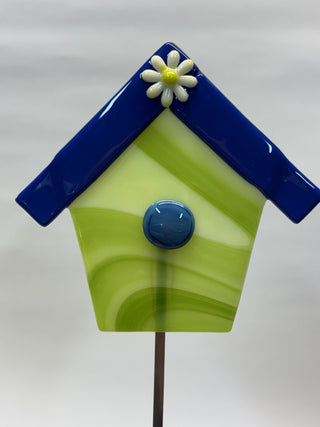 Fused Glass - Garden Stake - Green Swirl with Blue Roof - AnoGlass RSV|112575