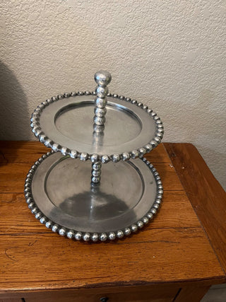 Vintage 2-Tier metal Serving Tray with Beaded RCD