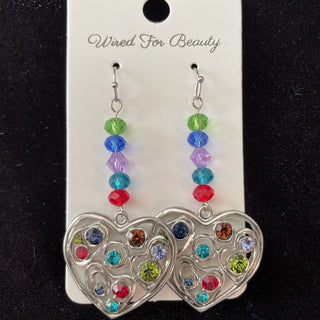 Earrings, large jeweled silver tone hearts RSV|149874