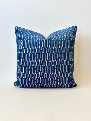 Blue geometric cut velvet pillow-COVER ONLY