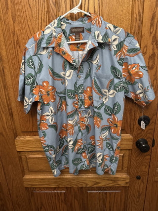 Vintage Cooke Street Men's Hawaiian Shirt Blue w/green, white and orange flowers-SZ LG -RCD