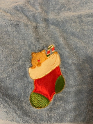 Trim A Home KMart Tea Towel Blue Kitten In Christmas Stocking