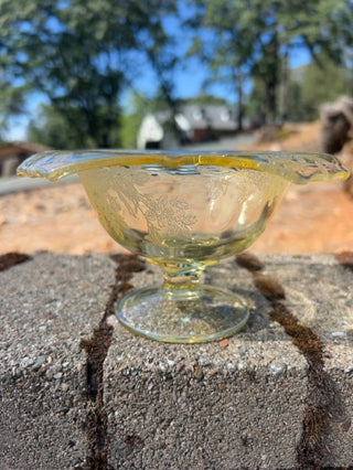 1930s Paden City Yellow Glass Bowl Gothic Garden Etched Design