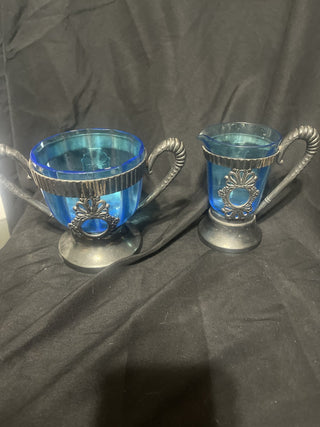 teal creamer and sugar, silver plated handles rsv