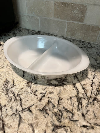 Vintage Glasbake Oval Divided Casserole Dish with Green Daisy Pattern RCD|120399