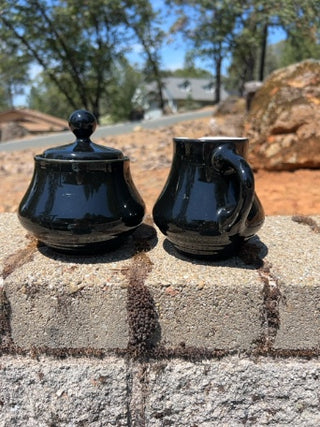 JP Vintage Noritake Folkstone Sugar and Creamer Set Black Stoneware Japan