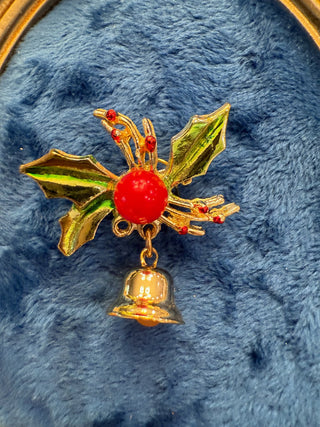 VTS Small Christmas Brooch Holly And Bell Gold Tone Enamel Holiday Red Green|140249
