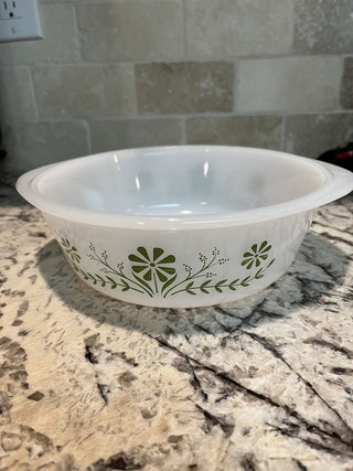 Vintage Glasbake 1.5 Qt Casserole Dish with Green Daisy Pattern RCD