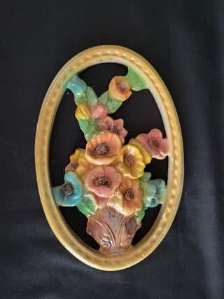Vintage 8-1/2" Oval Chalk Ware Flowers Wall Plaque RCD