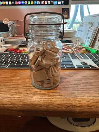 Vintage Wheaton 16 Jar, w/wire bail and seal, w /scrabble tiles 5.25"|61855