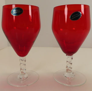 (TWO) Vtg German Red Lead Crystal Twisted Stem Wine Glasses|85448