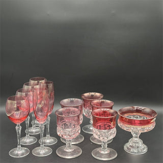 (4) Wine Glasses 8oz Crystal Cranberry Etched Floral Long Stem 8"|98011