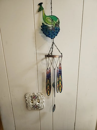 Thirty two inch long glass peacock wind chime