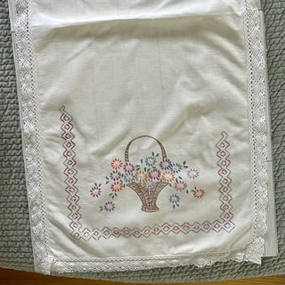 Embroidered Flower Basket Table Runner Vtg 19.5" x 42" RCD|64646