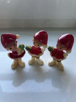 VTG 3 Mini Christmas Girls Hard Plastic Red Dress Pixie Elf H2.5" , 1960’s-RSV|140376