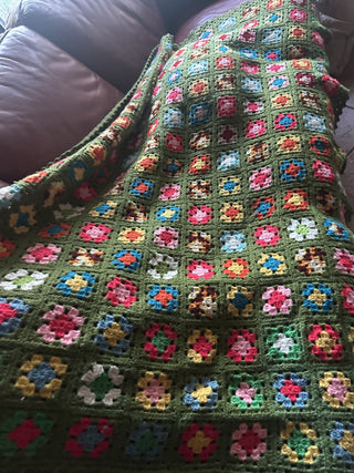 Crochet green based afghan, granny square lap blanket decorative couch throw colorful cotton napping blanket retro homemade #62 VV MTS