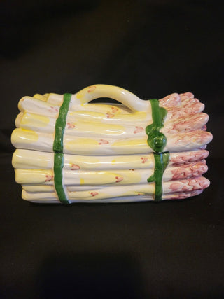 Vintage 1940's Hand Painted Asparagus Dish w/Lid, Portugal RCD
