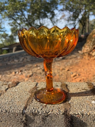 JP Vintage MCM 7" Indiana Amber Glass Lotus Blossom Pedestal Compote Candy Dish