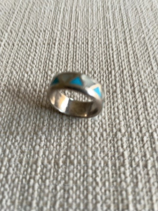 Vintage Inlay Turquoise And Mother Of Pearl Silver Band Ring  Size 7