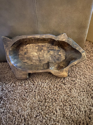 Hand carved rustic wood pig dough bowl