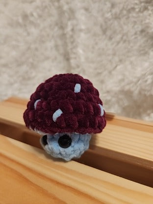 Mushroom Fidget Popper: Crocheted wine red/ light blue