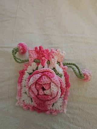 Crochet Pink Rose Coin Bag