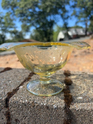 1930s Paden City Yellow Glass Bowl Gothic Garden Etched Design