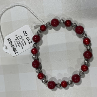 stretchy bracelet, red & silver tone beads RSV