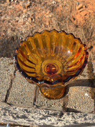 JP Vintage MCM 7" Indiana Amber Glass Lotus Blossom Pedestal Compote Candy Dish