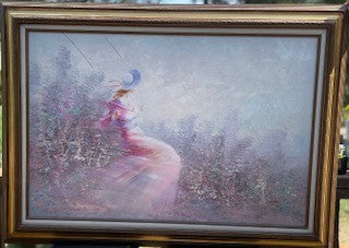 Vintage Signed Foxson Women on a Swing Oil Painting RCD