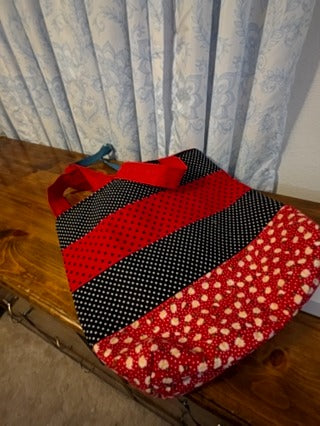 Handmade red tote, panels,  fully lined