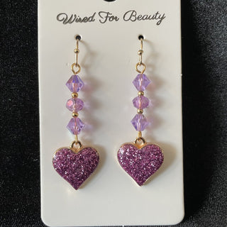 earrings, purple glitter hearts w/ purple beads RSV|153960