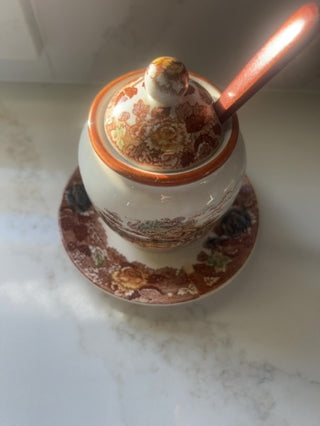 1940s Transferware Mustard Jar or Jam Pot With Under Plate