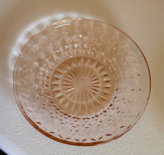 vintage jeanette glass pink holiday buttons and bows dessert plate rsv|157907