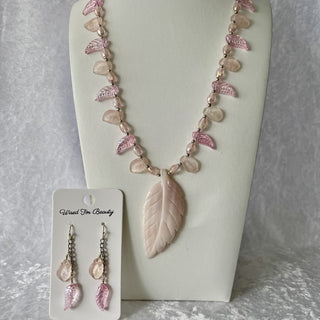 Necklace & Earrings Set, pink leaves RSV