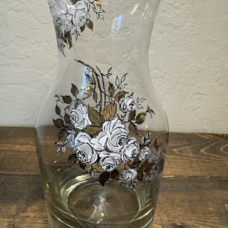 Vtg Libbey White/Gold Rose Floral Glass Carafe RCD|130316