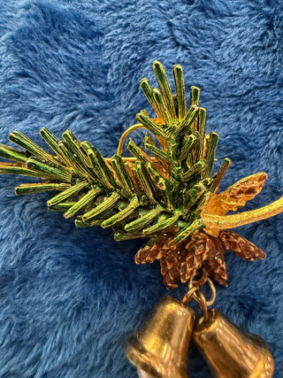 VTS pine branch and pearl bells gold tone holiday brooch|140256